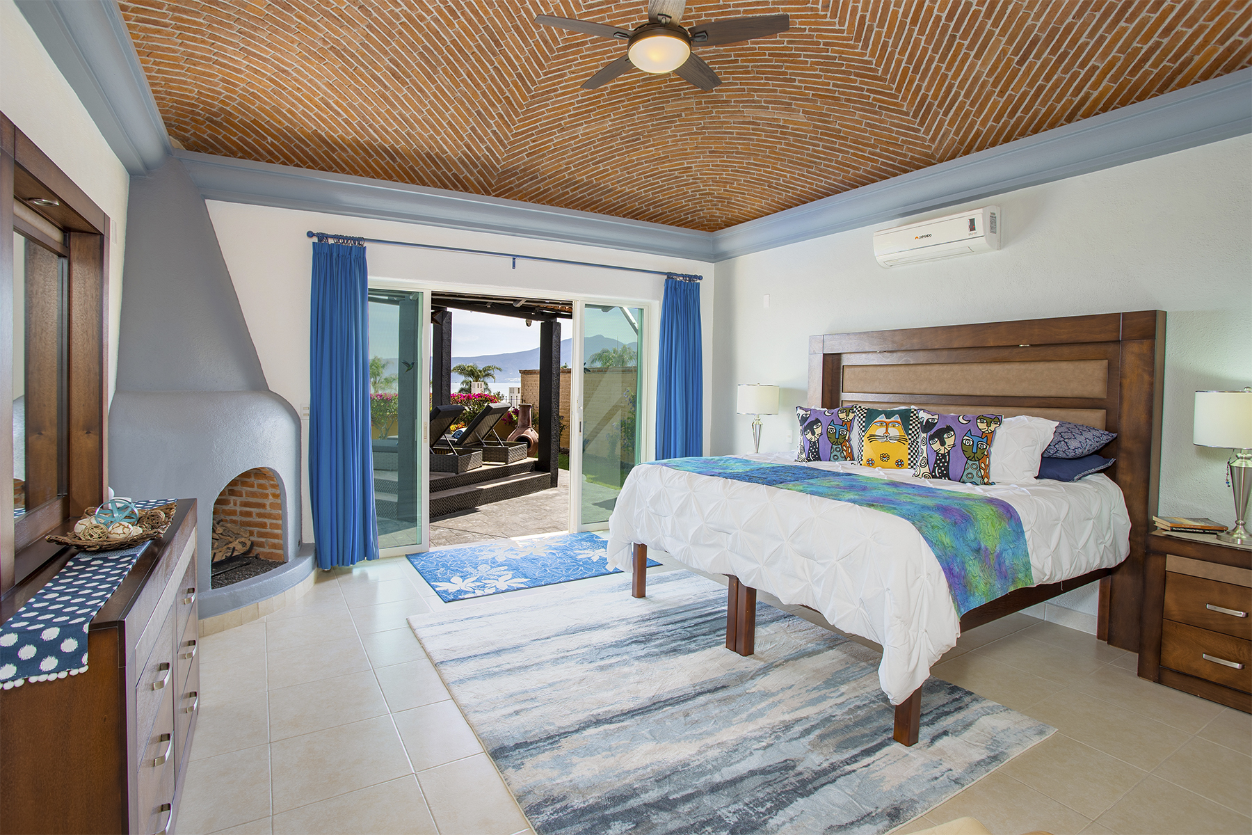 02 Master Bedroom with Lake View, Fireplace and Brick Domed Ceiling